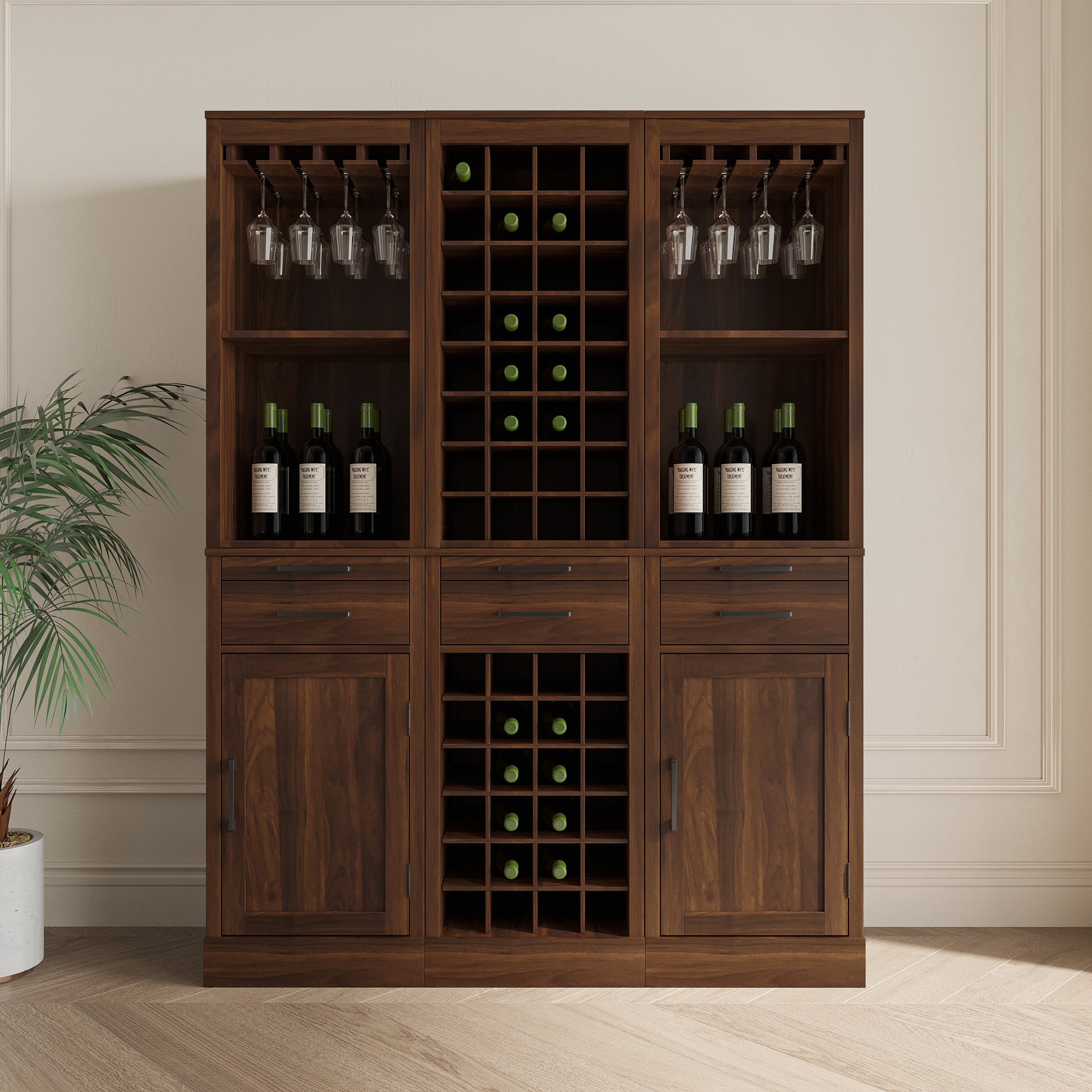 Brown Walnut Color Modular 24 Wine Bar Cabinet Buffet Cabinet Walnut Brown Mdf