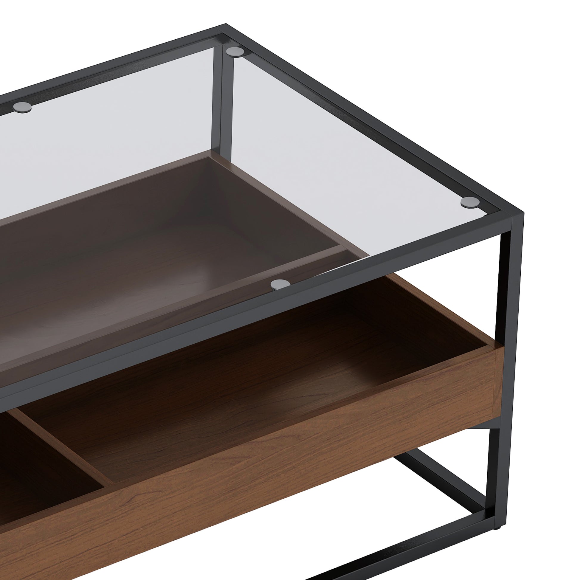 47.24"Rectangle Glass Coffee Table With Storage Shelf And Metal Table Legshome Furniture For Living Room Black Mdf Glass