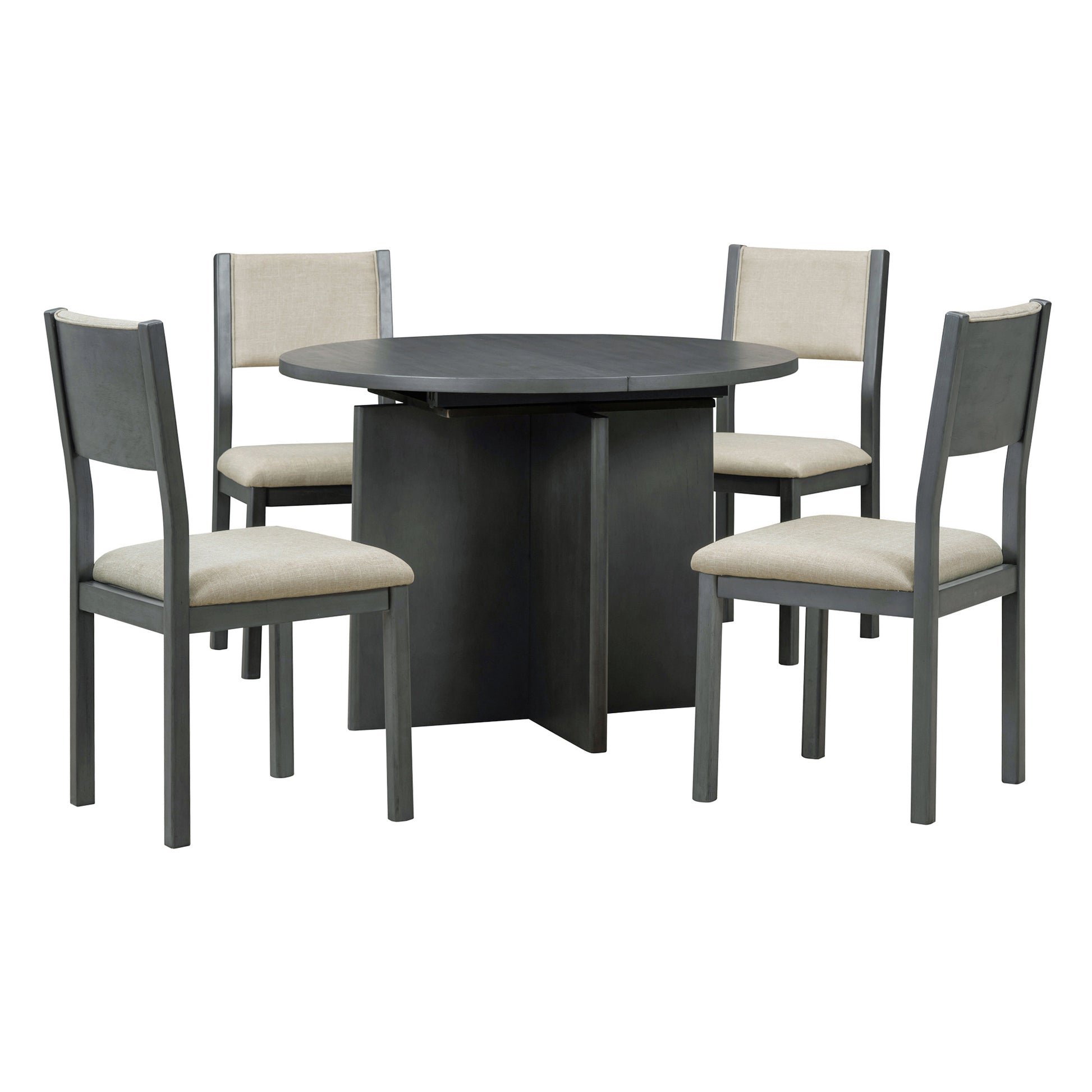 5 Piece Retro Functional Dining Set, 1 Extendable Table With A 16 Inch Leaf And 4 Upholstered Chairs For Dining Room And Kitchen Gray Gray Solid Wood