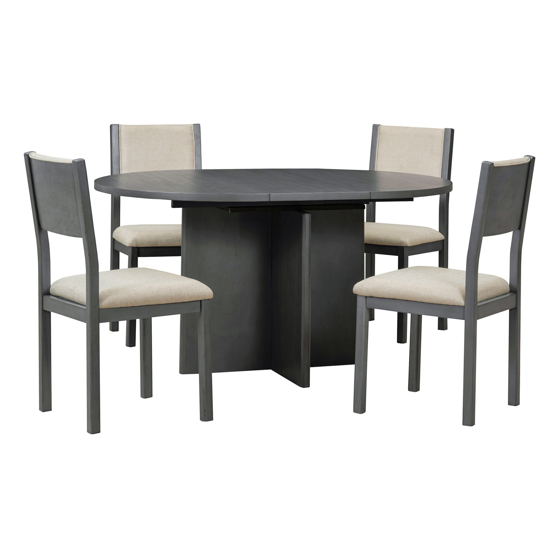 5 Piece Retro Functional Dining Set, 1 Extendable Table With A 16 Inch Leaf And 4 Upholstered Chairs For Dining Room And Kitchen Gray Gray Solid Wood