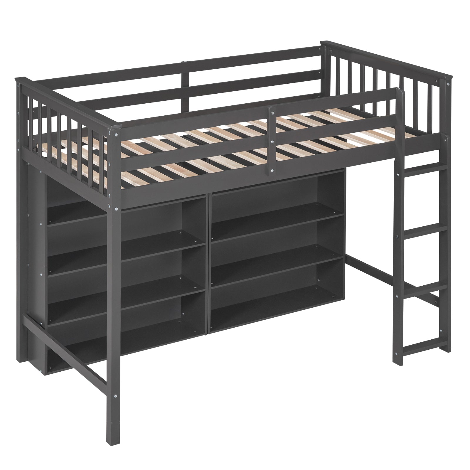 Twin Size Loft Bed With 8 Open Storage Shelves And Built In Ladder, Gary Gray Solid Wood Mdf