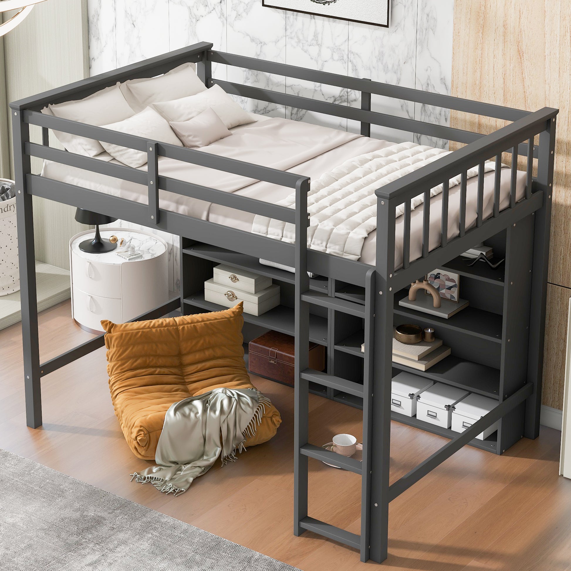 Twin Size Loft Bed With 8 Open Storage Shelves And Built In Ladder, Gary Gray Solid Wood Mdf