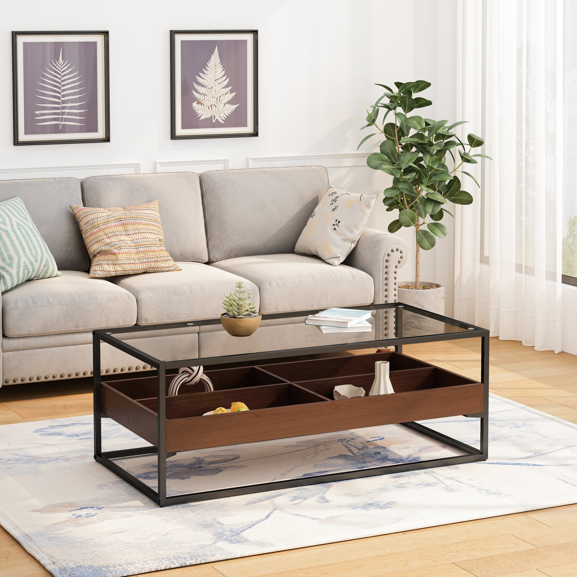 47.24"Rectangle Glass Coffee Table With Storage Shelf And Metal Table Legshome Furniture For Living Room Black Mdf Glass