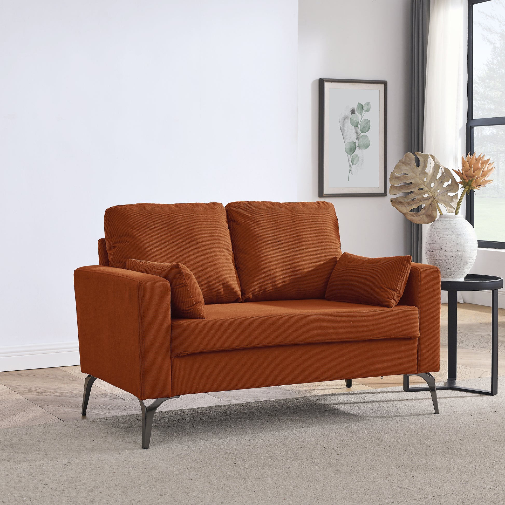 Loveseat Living Room Sofa,With Square Arms And Tight Back, With Two Small Pillows,Corduroy Orange Orange Foam