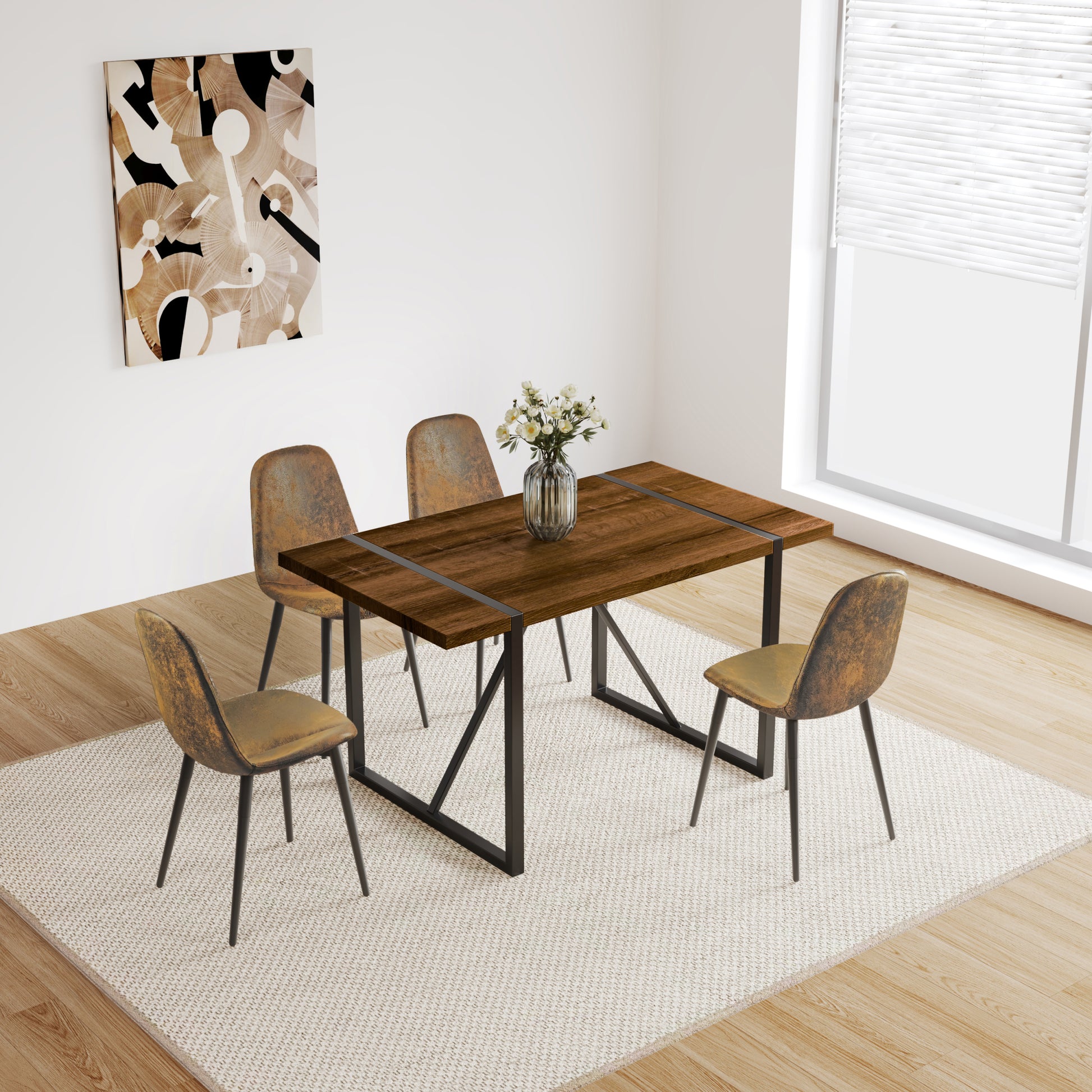 Mdf Walnut Colour Dining Table And Modern Dining Chairs Set Of 4, Mid Century Wooden Kitchen Table Set, Metal Base & Legs, Dining Room Table And Suede Chairs Walnut Brown Kitchen Mid Century Modern Mdf