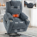 Up To 350 Lbs Chenille Power Lift Recliner Chair, Heavy Duty Motion Mechanism With 8 Point Vibration Massage And Lumbar Heating, Usb And Type C Ports, Stainless Steel Cup Holders, Blue White Metal Primary Living Space Heavy Duty Pine Blue Gray Chenille