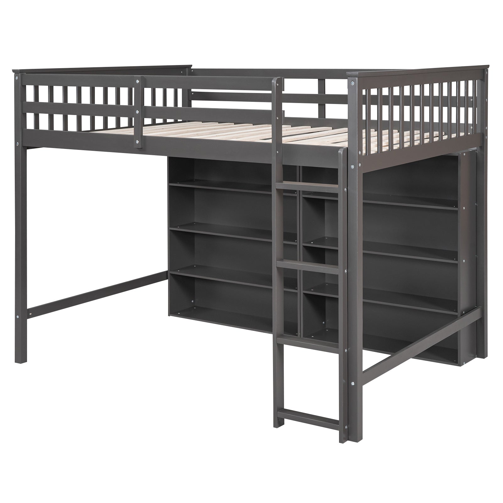 Full Size Loft Bed With 8 Open Storage Shelves And Built In Ladder, Gray Gray Solid Wood Mdf