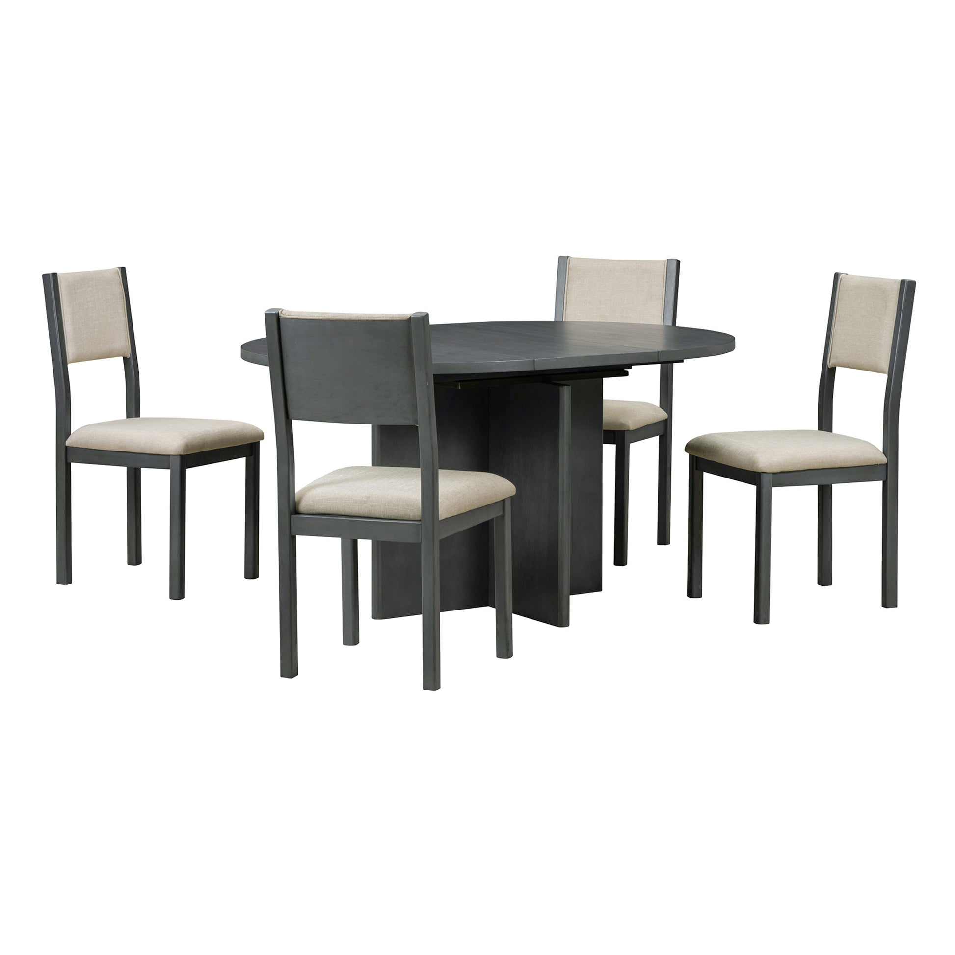 5 Piece Retro Functional Dining Set, 1 Extendable Table With A 16 Inch Leaf And 4 Upholstered Chairs For Dining Room And Kitchen Gray Gray Solid Wood