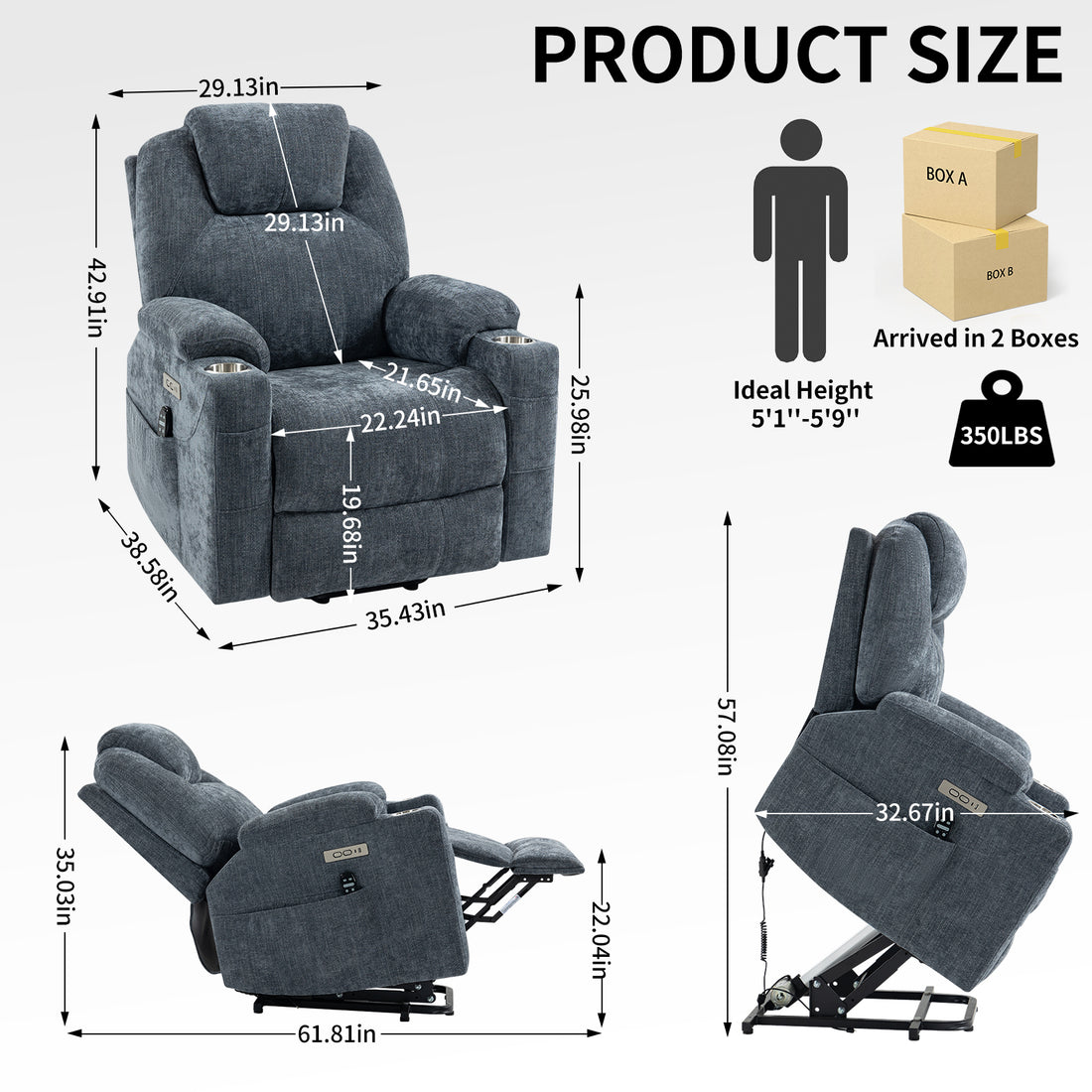 Up To 350 Lbs Chenille Power Lift Recliner Chair, Heavy Duty Motion Mechanism With 8 Point Vibration Massage And Lumbar Heating, Usb And Type C Ports, Stainless Steel Cup Holders, Blue White Metal Primary Living Space Heavy Duty Pine Blue Gray Chenille