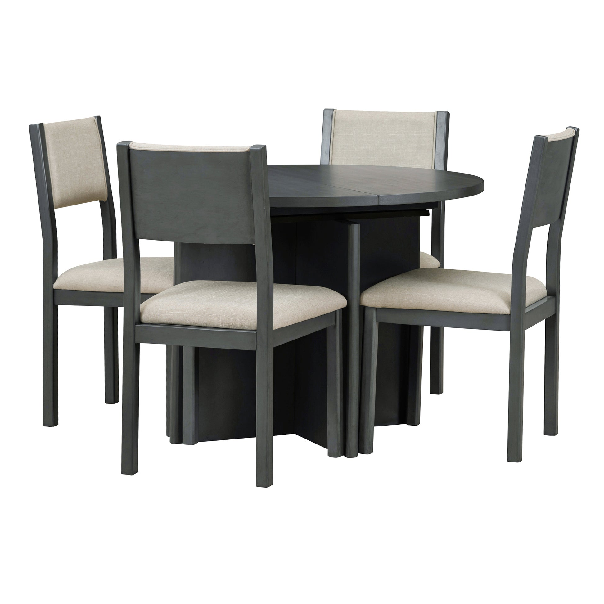 5 Piece Retro Functional Dining Set, 1 Extendable Table With A 16 Inch Leaf And 4 Upholstered Chairs For Dining Room And Kitchen Gray Gray Solid Wood