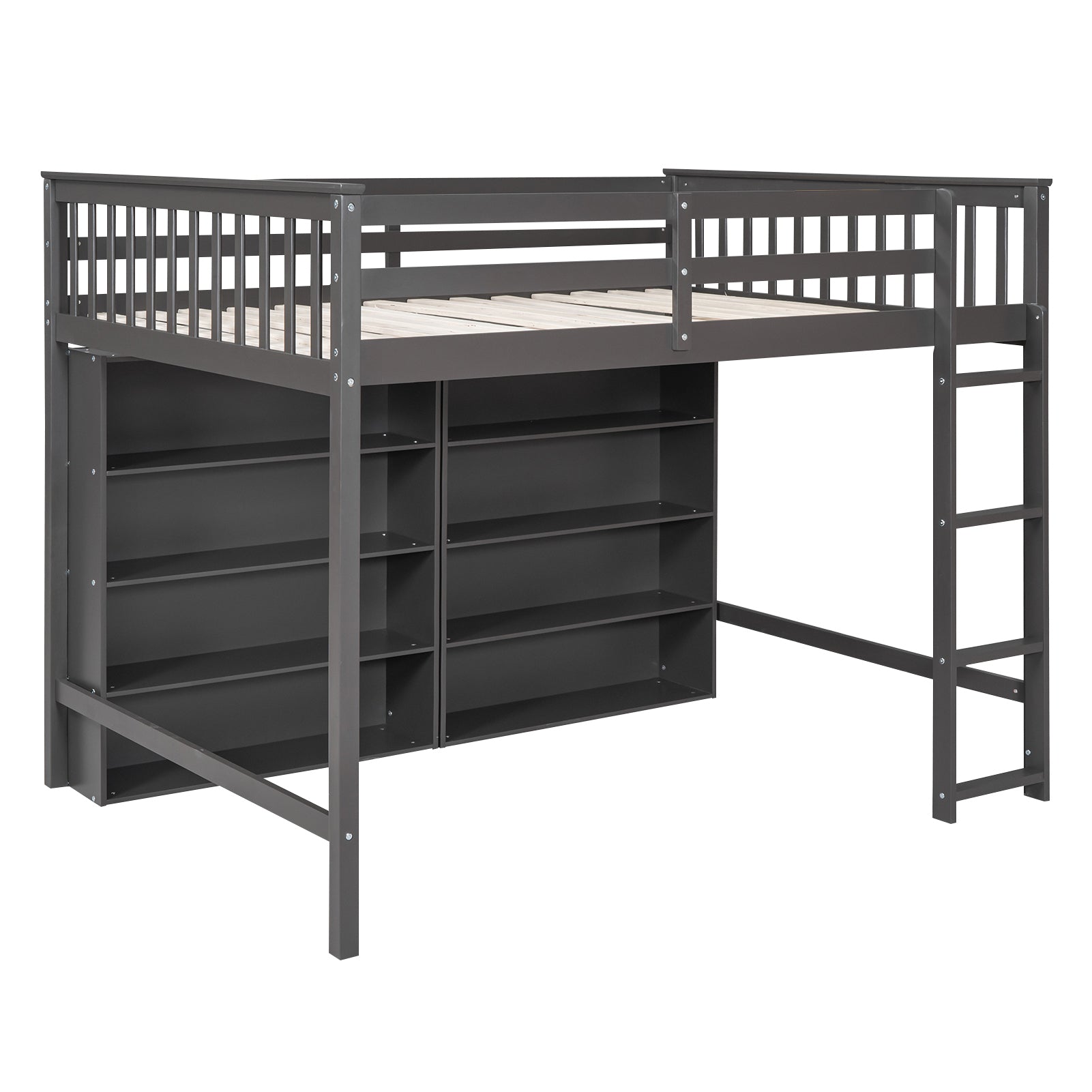 Full Size Loft Bed With 8 Open Storage Shelves And Built In Ladder, Gray Gray Solid Wood Mdf