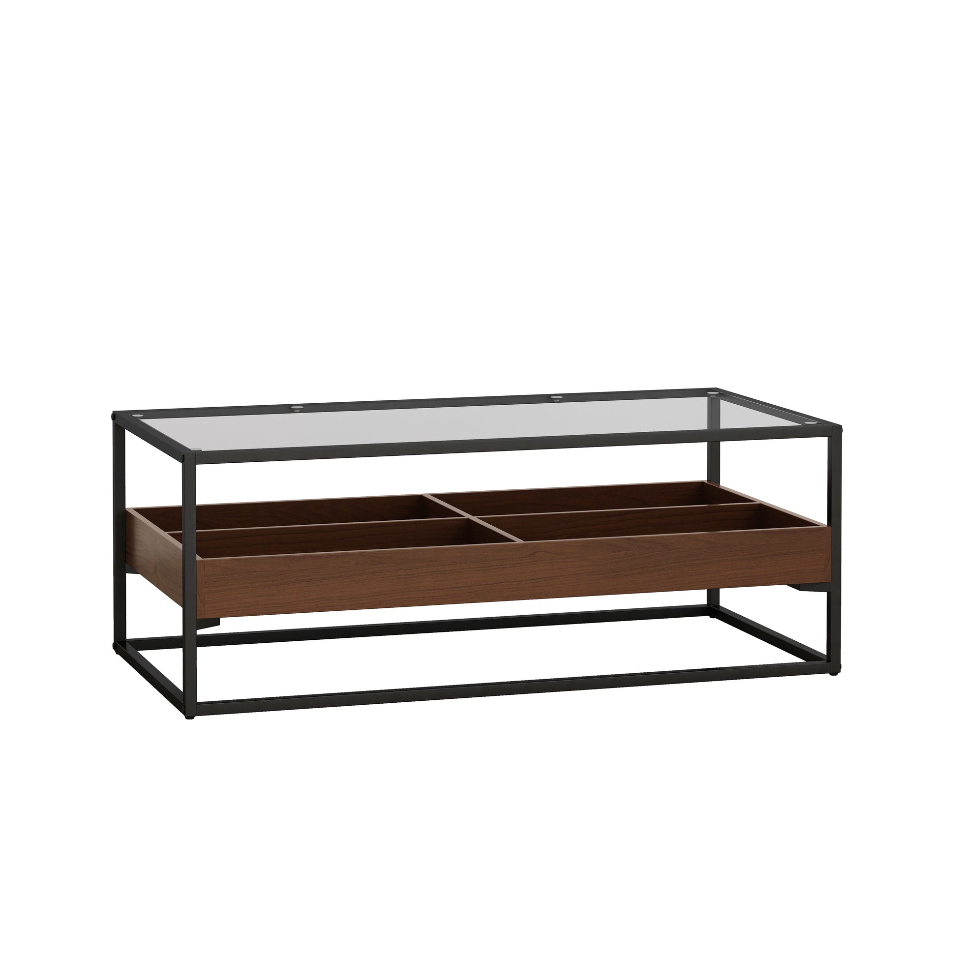 47.24"Rectangle Glass Coffee Table With Storage Shelf And Metal Table Legshome Furniture For Living Room Black Mdf Glass