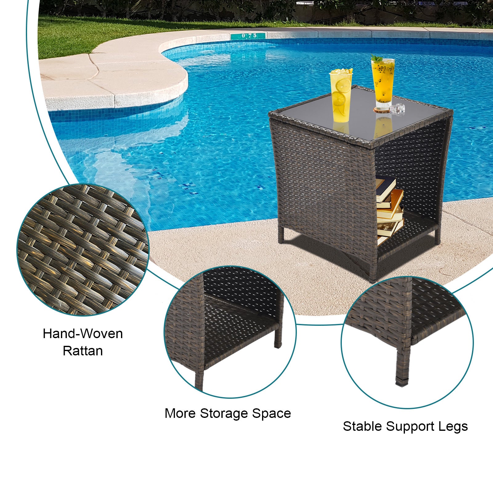 Outdoor Side Coffee Table with Storage Shelf,All black+gold-weather resistant frame-garden &