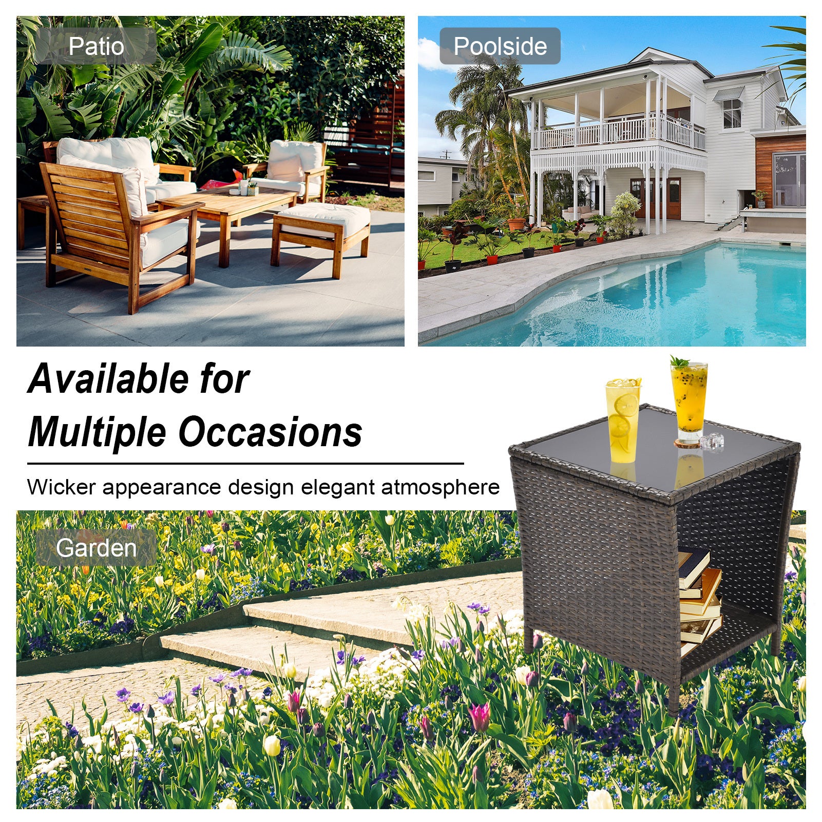 Outdoor Side Coffee Table with Storage Shelf,All black+gold-weather resistant frame-garden &