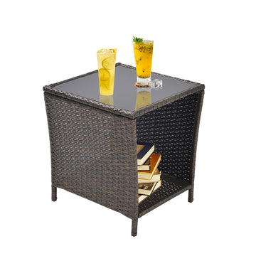 Outdoor Side Coffee Table with Storage Shelf,All black+gold-weather resistant frame-garden &