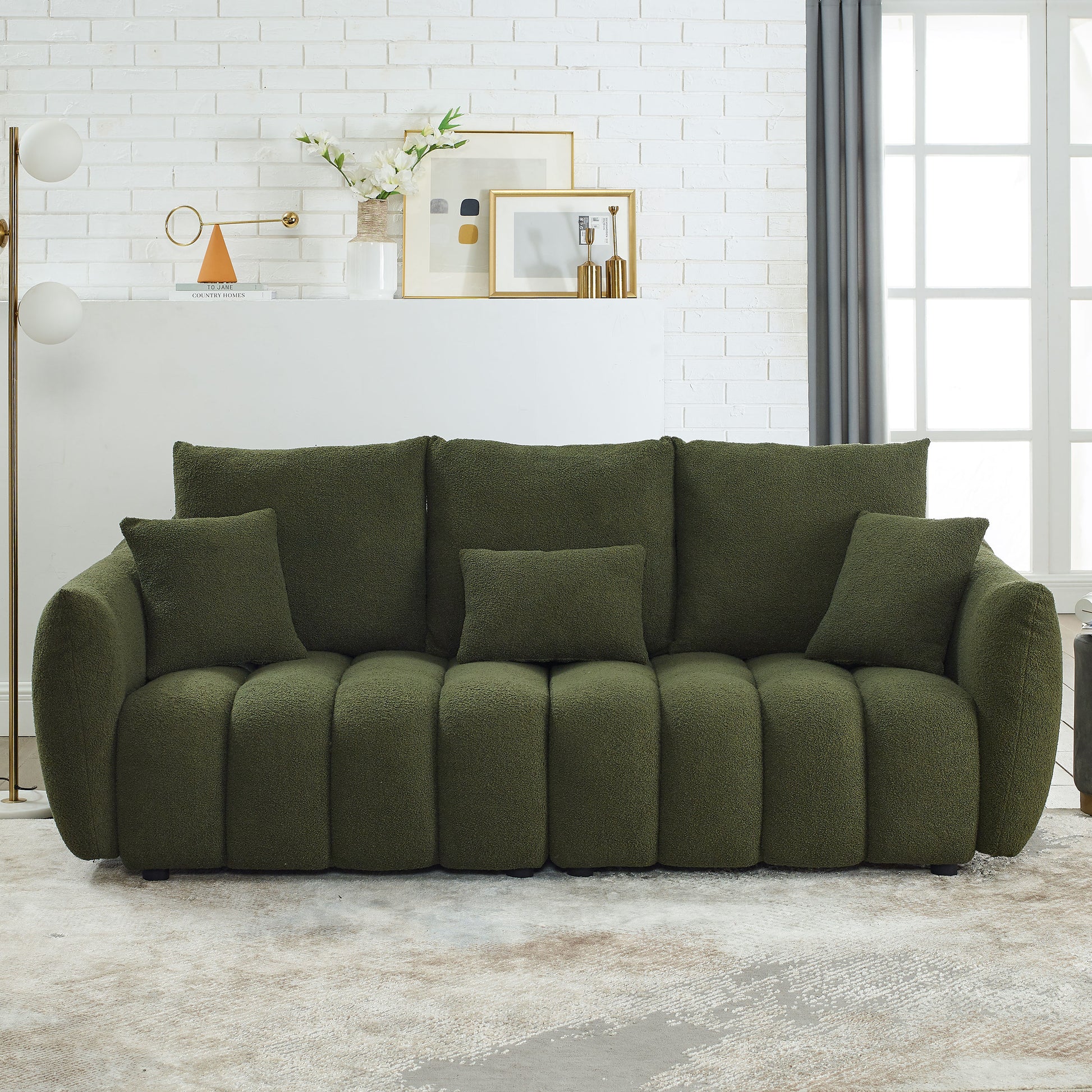 Video Mh 82" Premium Teddy Fabric Sofa With 3 Back Pillows And 3 Back Cushions Solid Wood Frame 3 Seater Sofa, Oversized Upholstered Chair For Living Room, Bedroom, Apartment And Office Green Wood