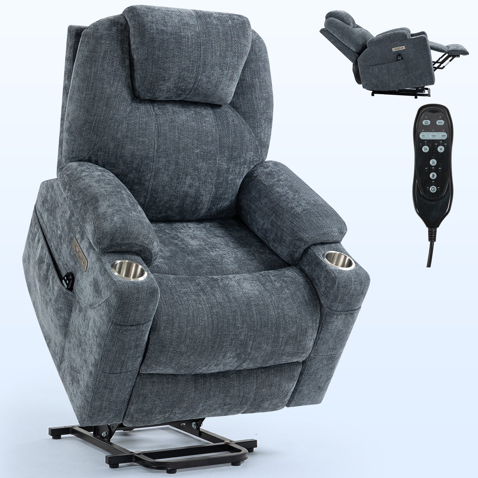 Up To 350 Lbs Chenille Power Lift Recliner Chair, Heavy Duty Motion Mechanism With 8 Point Vibration Massage And Lumbar Heating, Usb And Type C Ports, Stainless Steel Cup Holders, Blue White Metal Primary Living Space Heavy Duty Pine Blue Gray Chenille