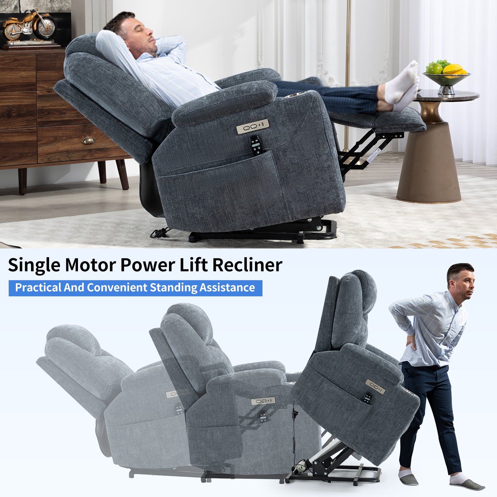 Up To 350 Lbs Chenille Power Lift Recliner Chair, Heavy Duty Motion Mechanism With 8 Point Vibration Massage And Lumbar Heating, Usb And Type C Ports, Stainless Steel Cup Holders, Blue White Metal Primary Living Space Heavy Duty Pine Blue Gray Chenille