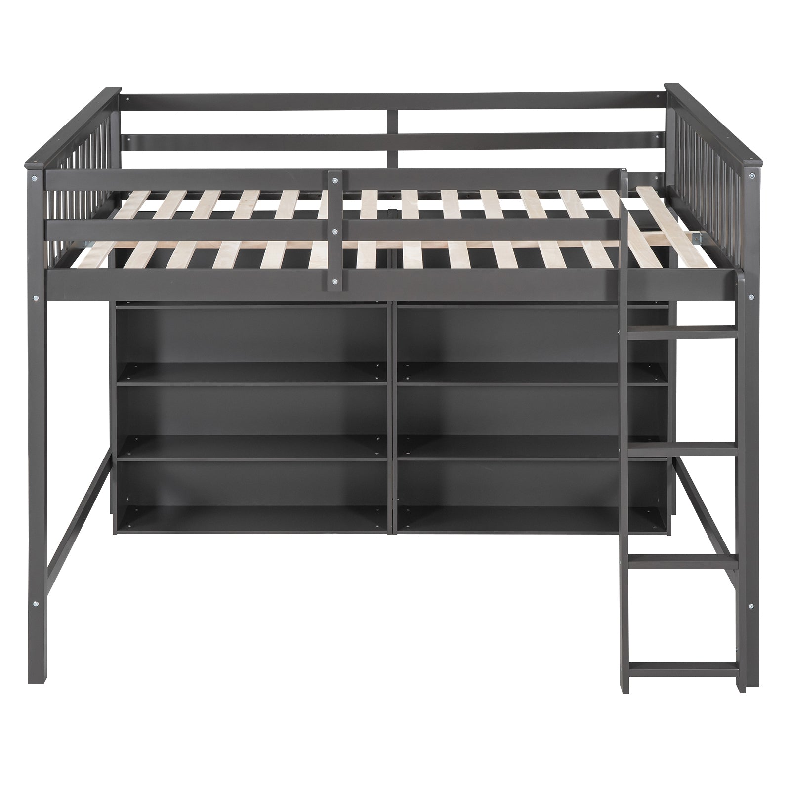 Full Size Loft Bed With 8 Open Storage Shelves And Built In Ladder, Gray Gray Solid Wood Mdf