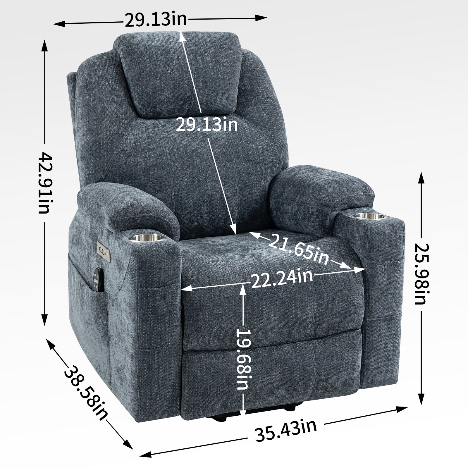 Up To 350 Lbs Chenille Power Lift Recliner Chair, Heavy Duty Motion Mechanism With 8 Point Vibration Massage And Lumbar Heating, Usb And Type C Ports, Stainless Steel Cup Holders, Blue White Metal Primary Living Space Heavy Duty Pine Blue Gray Chenille