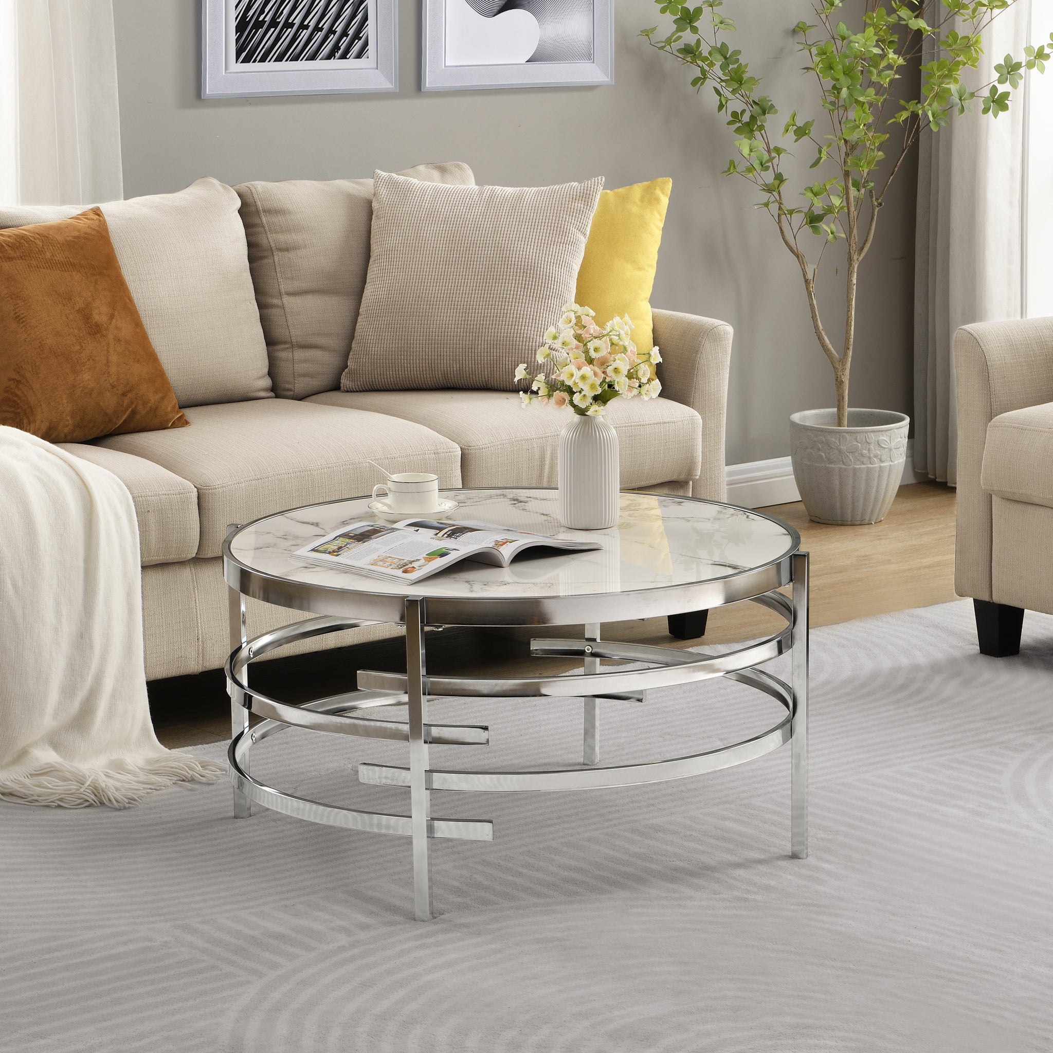 32.48'' Chrome Round Coffee Table With Sintered Stone Top&Sturdy Metal Frame, Modern Coffee Table For Living Room, Silver Silver Iron