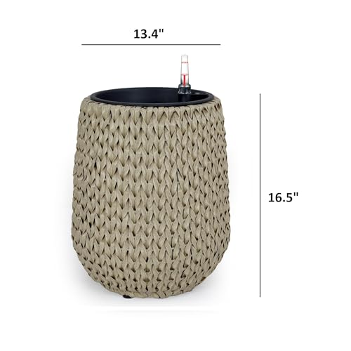 13.4" Self Watering Wicker Planter Garden Decoration Pot Beige Round Beige Rattan Metal