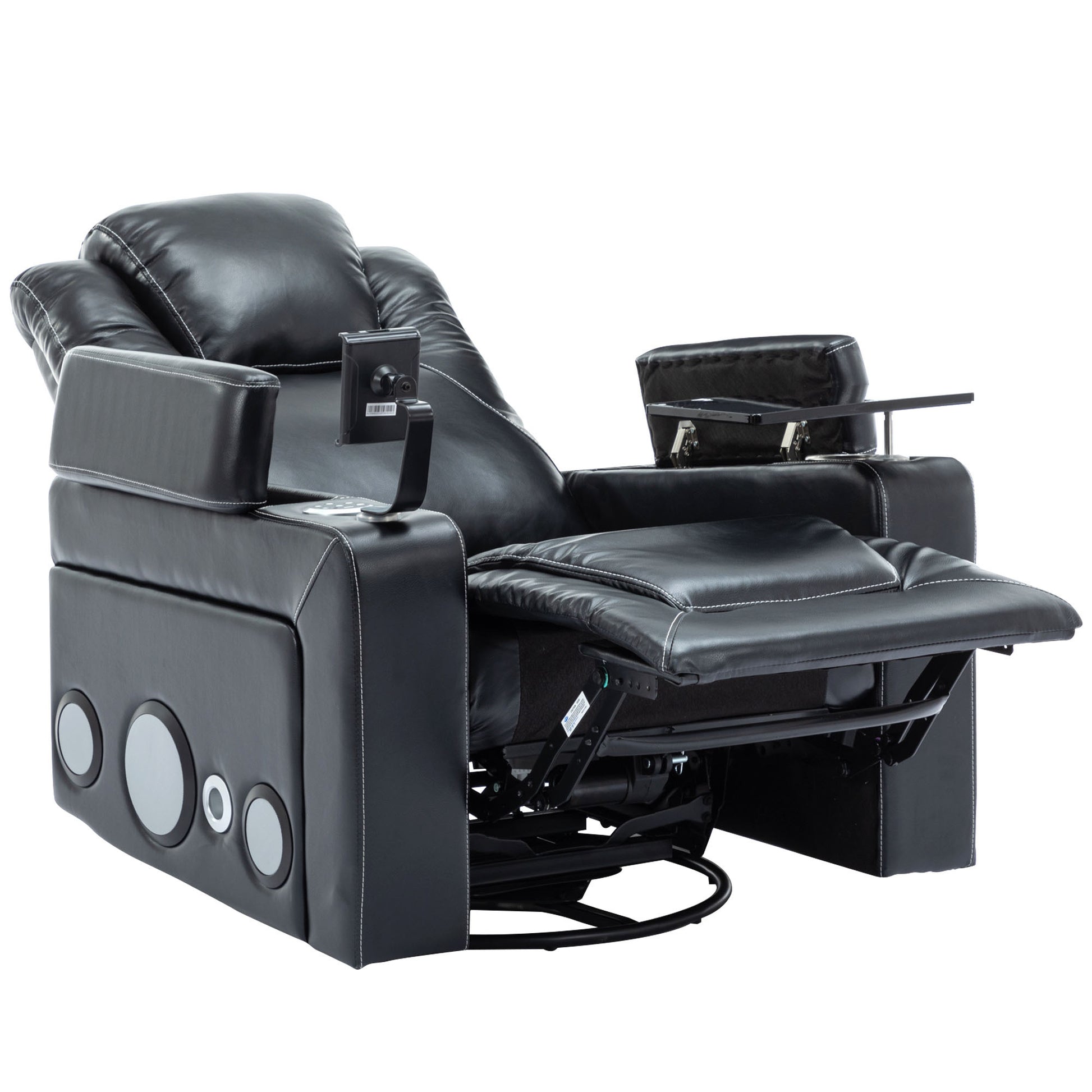 270 Degree Swivel Pu Leather Power Recliner Individual Seat Home Theater Recliner With Surround Sound, Cup Holder, Removable Tray Table, Hidden Arm Storage For Living Room, Black Black Foam Pu Leather