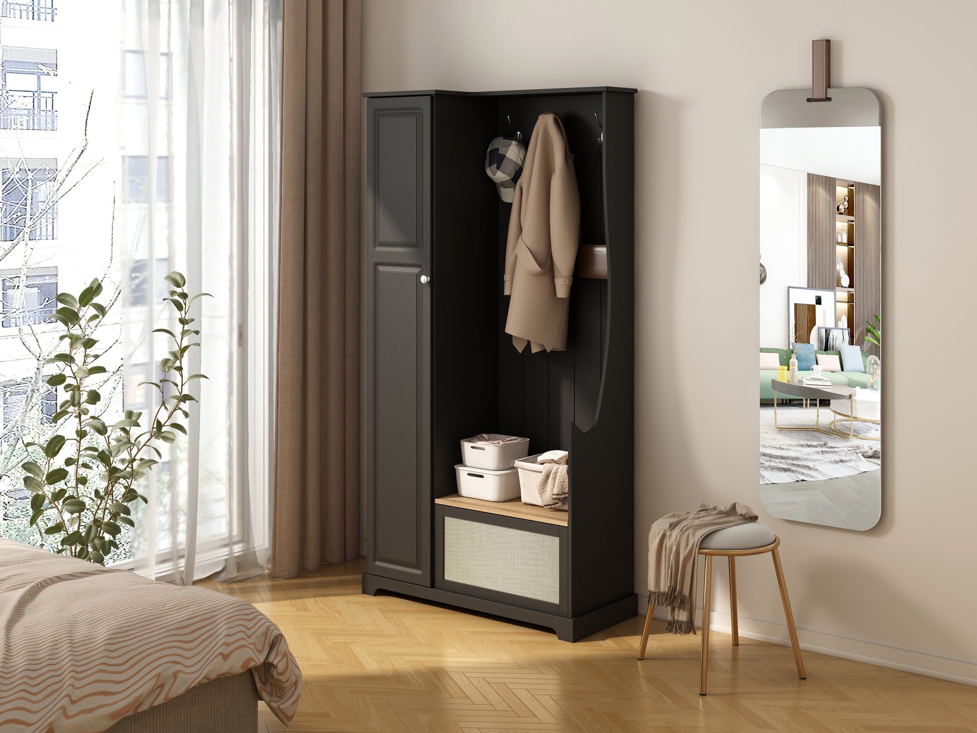 Hall Tree With Bench, Storage Cabinet, Suitable For Living Room, Entryway, Bedroom Black Mdf