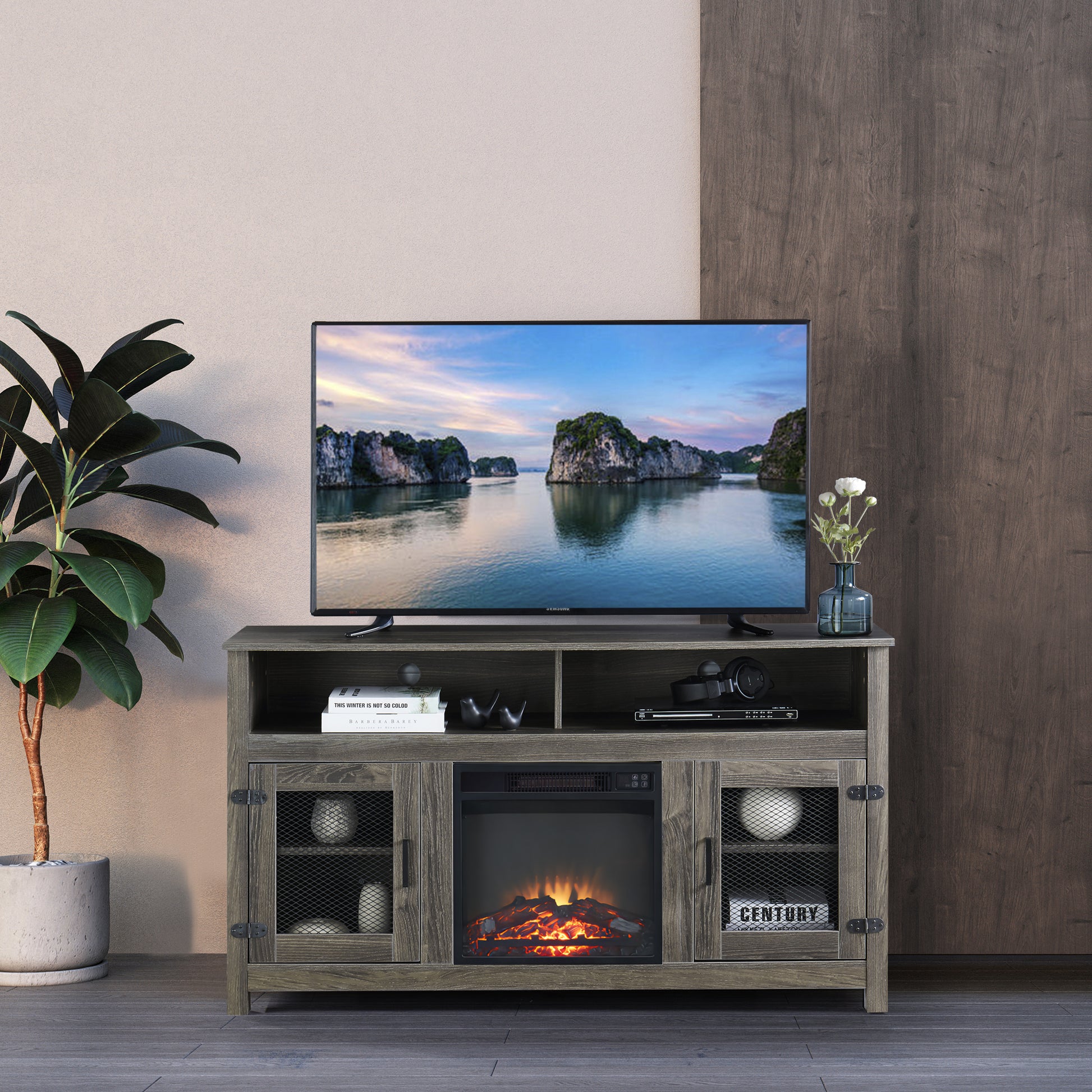 Modern Farmhouse Tv Stand With Electric Fireplace, Fit Up To 65" Flat Screen Tv With Storage Cabinet And Adjustable Shelves Industrial Entertainment Center For Living Room, Grey Grey Mdf