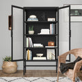 Double Glass Door Storage Cabinet With Adjustable Shelves And Feet Cold Rolled Steel Sideboard Furniture For Living Room Kitchen Black Black Tempered Glass