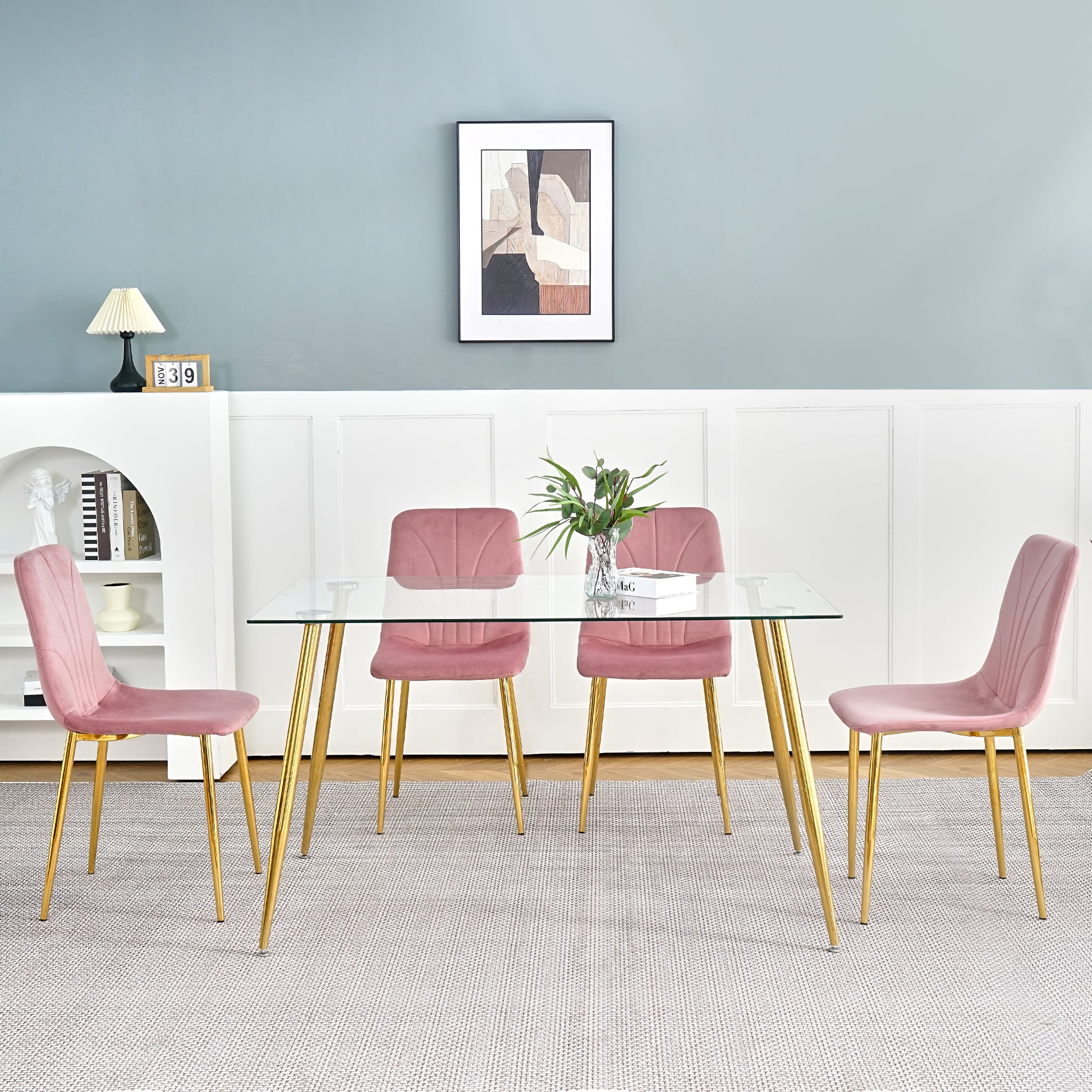 Modern Simple Light Luxury Dining Pink Chair Home Bedroom Stool Back Dressing Chair Student Desk Chair Gold Metal Legs Set Of 4 Pink Metal