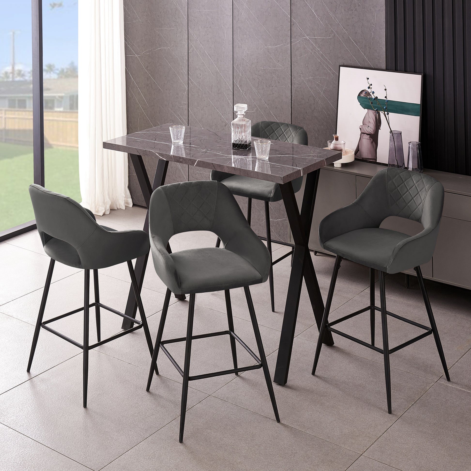 Bar Stools Set Of 2 Velvet Gray Breakfast Dining