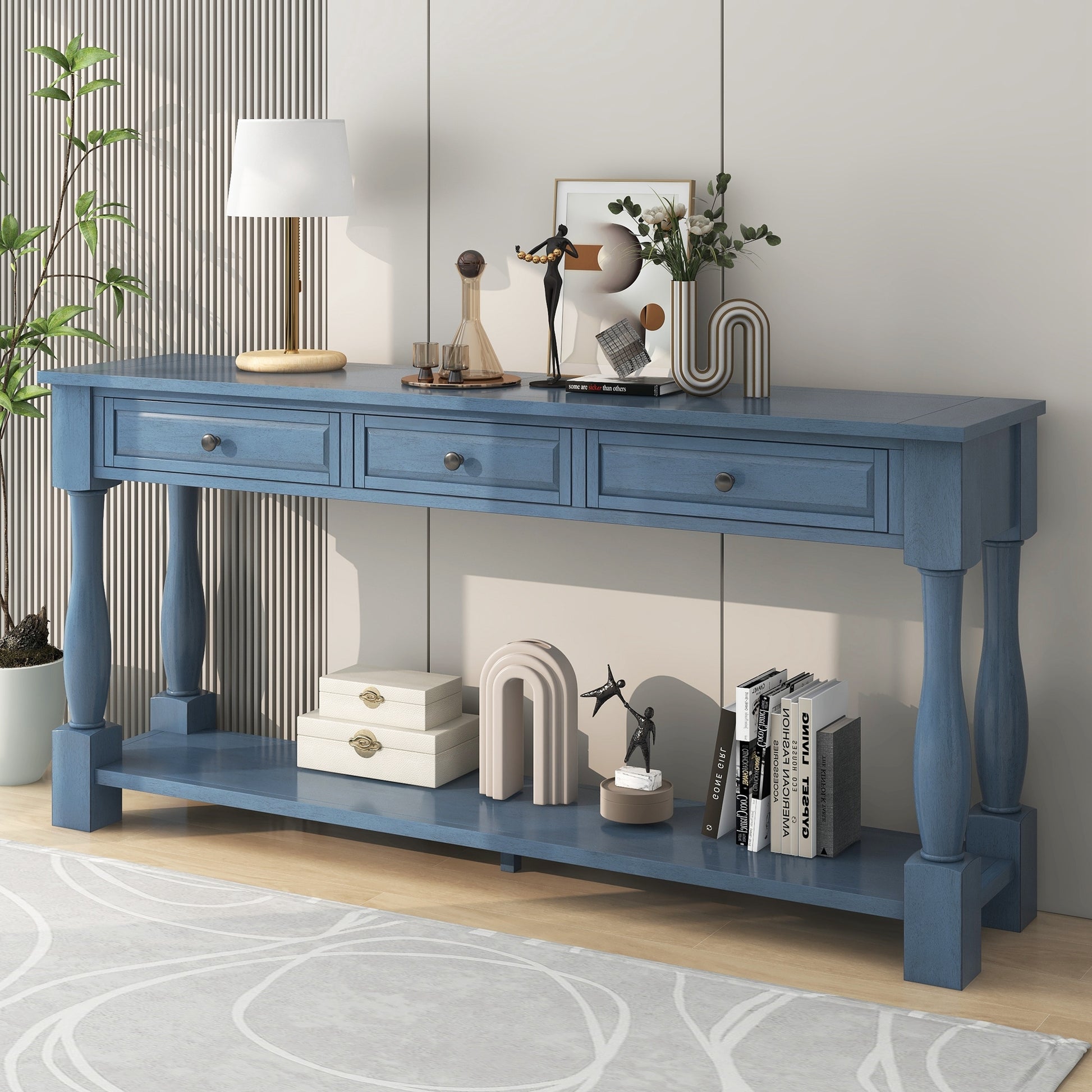 Console Table 63" Long Console Table With Drawers And Shelf For Entryway, Hallway, Living Room Navy, Old Sku: Wf299371Aam Navy Solid Wood