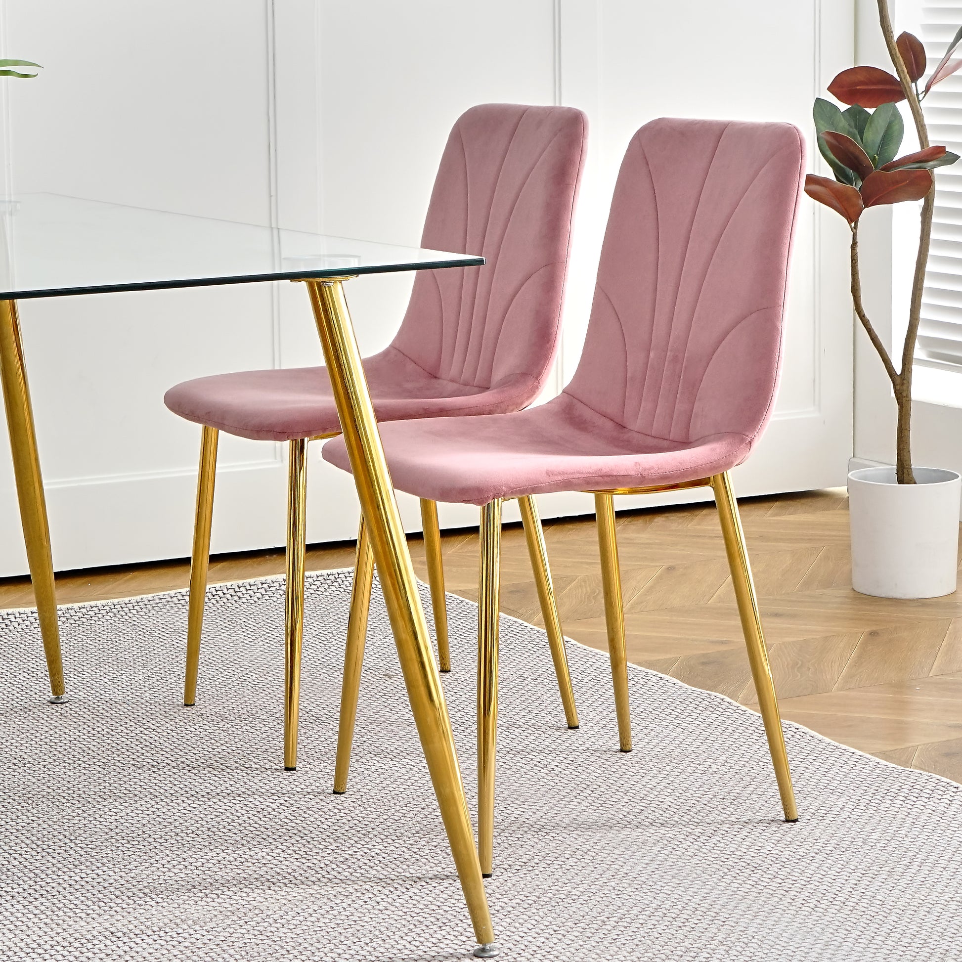 Modern Simple Light Luxury Dining Pink Chair Home Bedroom Stool Back Dressing Chair Student Desk Chair Gold Metal Legs Set Of 4 Pink Metal