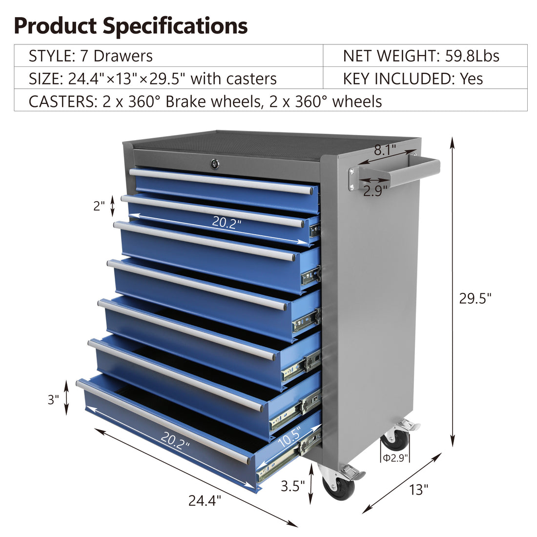 Rolling Tool Chest With 7 Drawer Tool Box With Wheels Multifunctional Tool Cart Mechanic Tool Storage Cabinet For Garage, Warehouse, Workshop, Repair Shop Blue Grey Steel