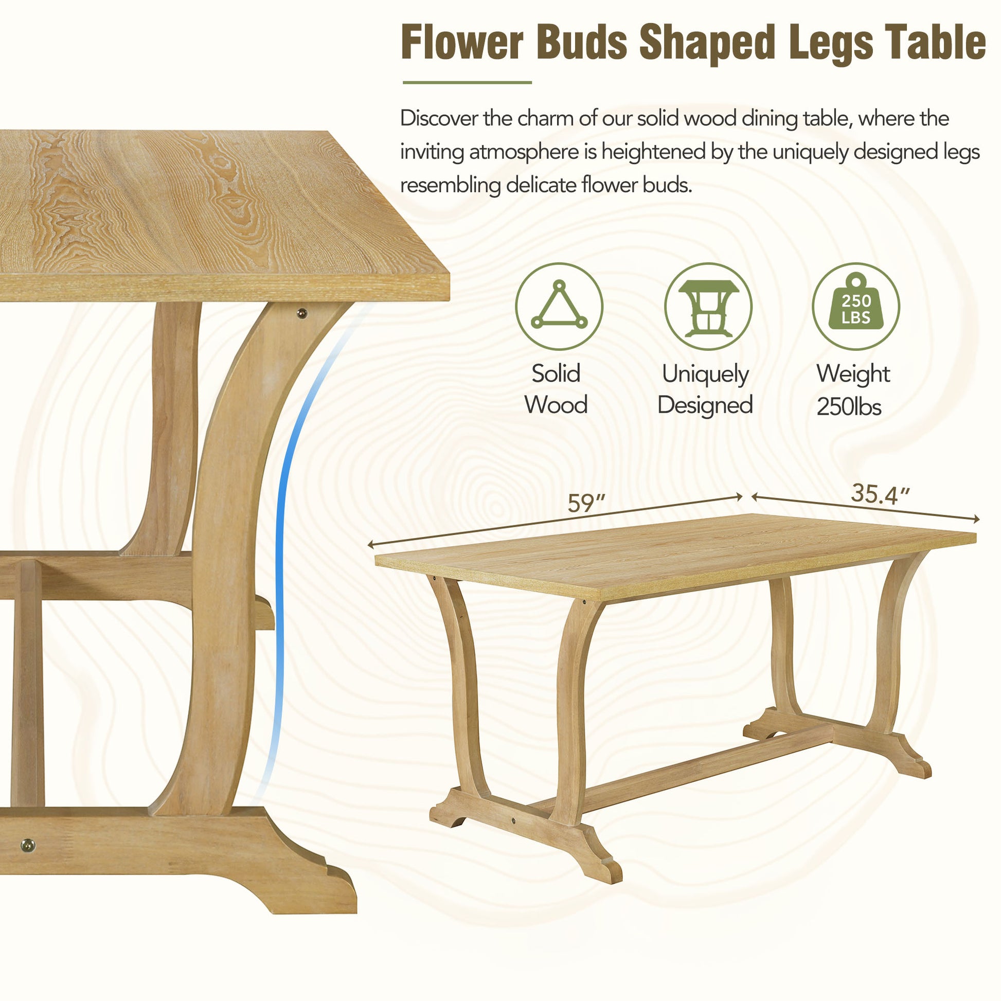 Farmhouse 6 Piece Trestle Dining Table Set With Upholstered Dining Chairs And Bench, 59Inch, Brown Brown Wood Dining Room Solid Wood Rubberwood Rectangular Dining Table With Chair And Bench Upholstered Chair Wood Brown Beige Seats 6 Farmhouse Trestle