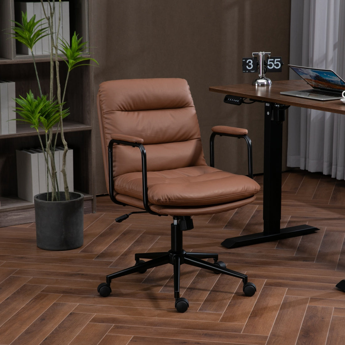 Office Chair,Mid Back Home Office Desk Task Chair with brown-office-american design-foam-pu leather
