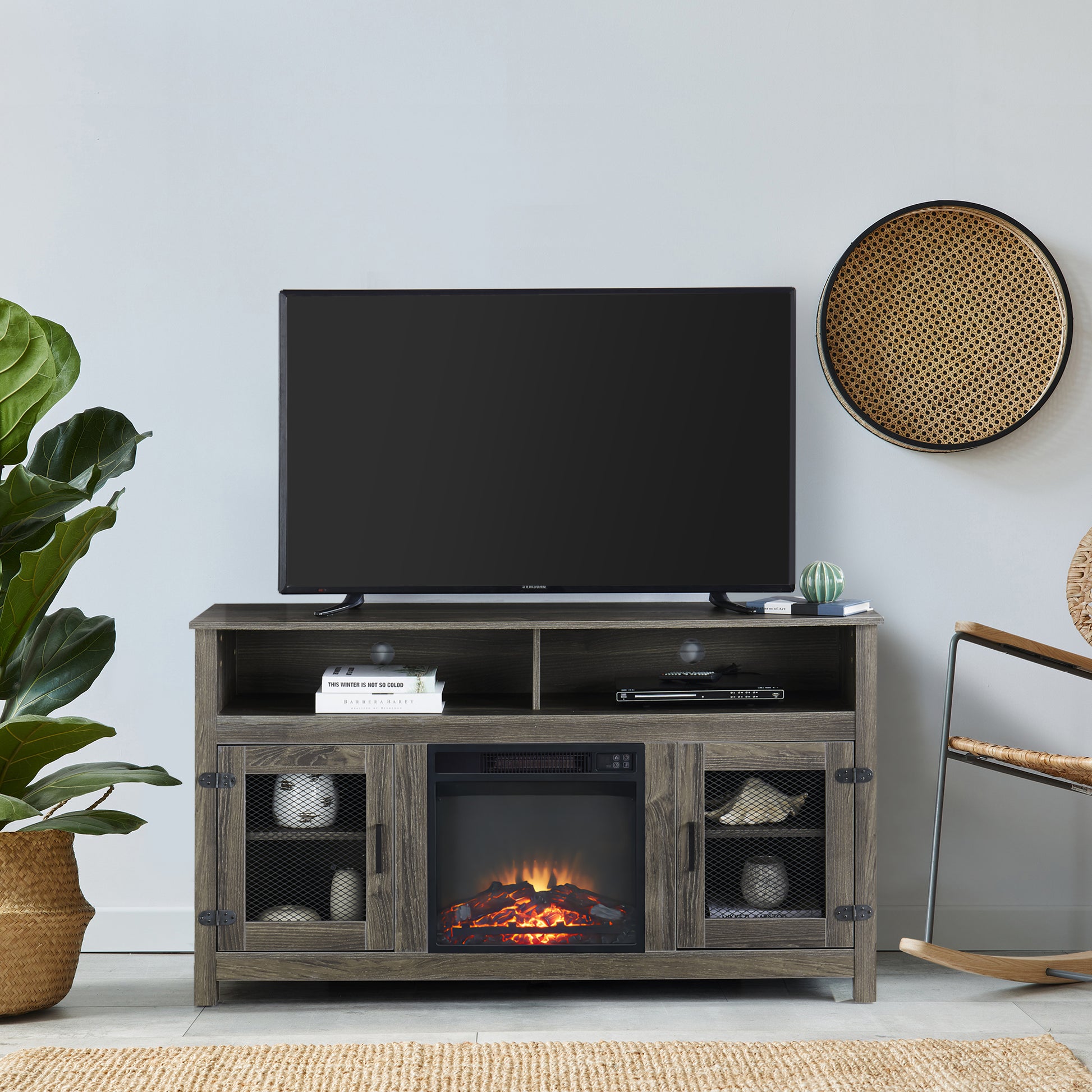 Modern Farmhouse Tv Stand With Electric Fireplace, Fit Up To 65" Flat Screen Tv With Storage Cabinet And Adjustable Shelves Industrial Entertainment Center For Living Room, Grey Grey Mdf