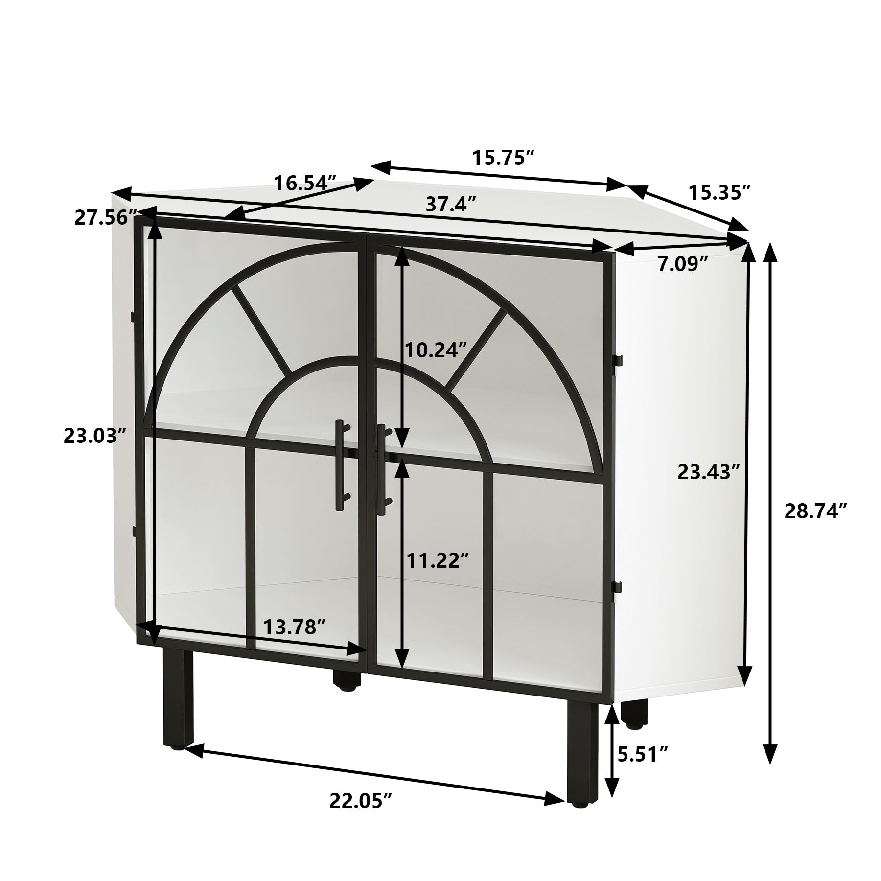 37.40"Glass Two Door Hexagonal Corner Cabinet, for white-metal