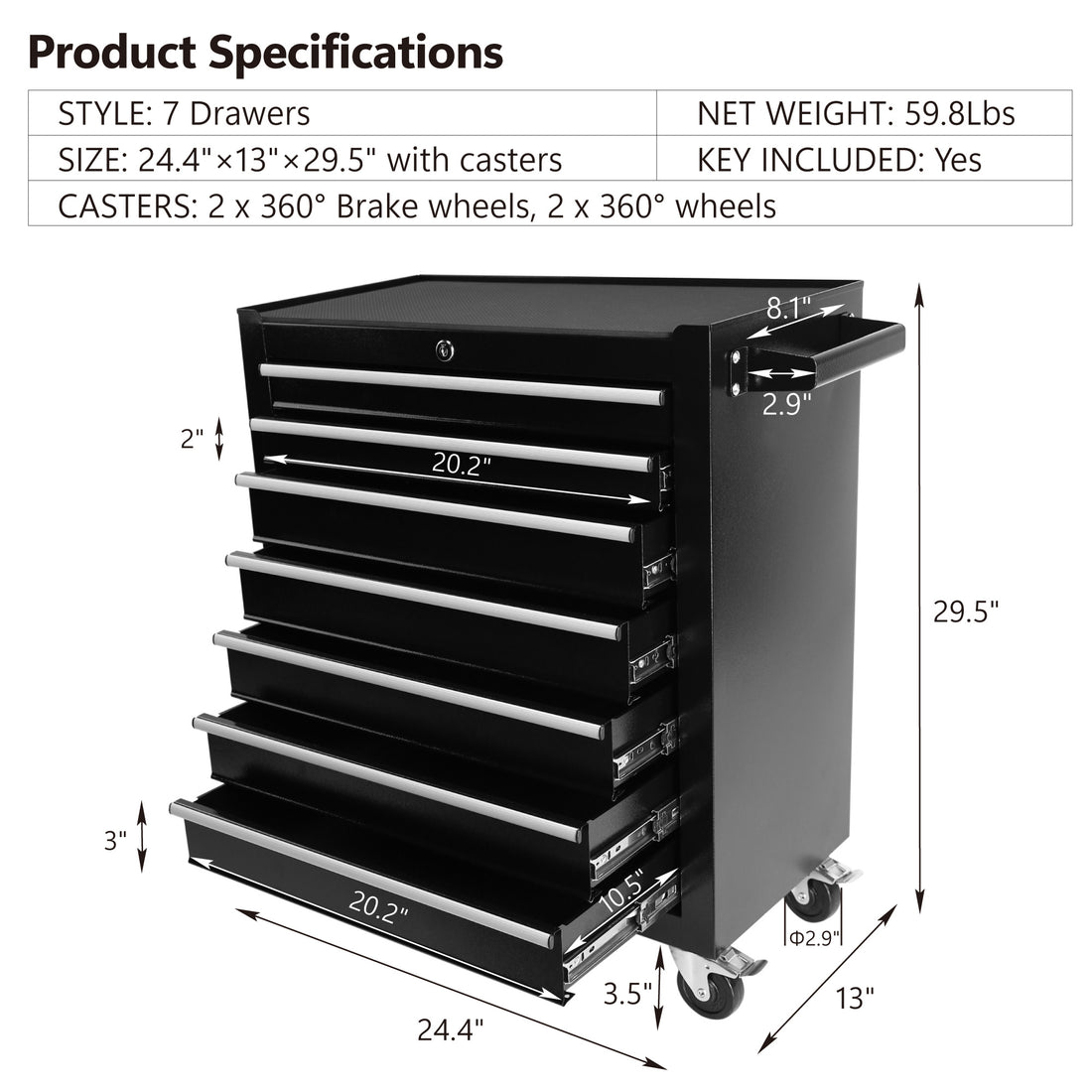 7 Drawers Rolling Tool Chest With Wheels, Portable Rolling Tool Box On Wheels, Tool Chest Organizer For Garage, Workshop, Home Crafts Use Black Black Steel