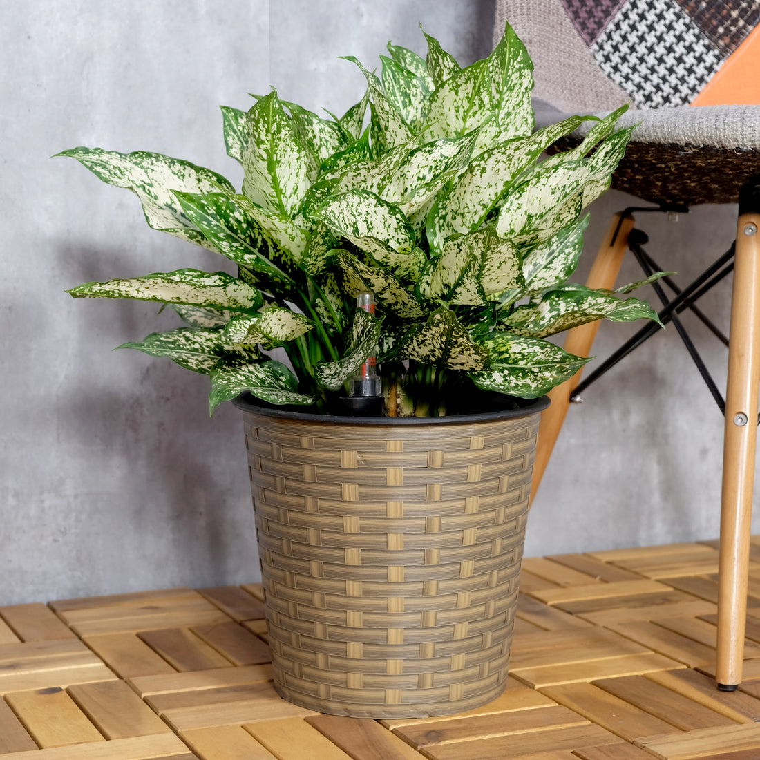 10.2" Self Watering Wicker Decor Planter For Indoor And Outdoor Round Natural Natural Plastic Rattan