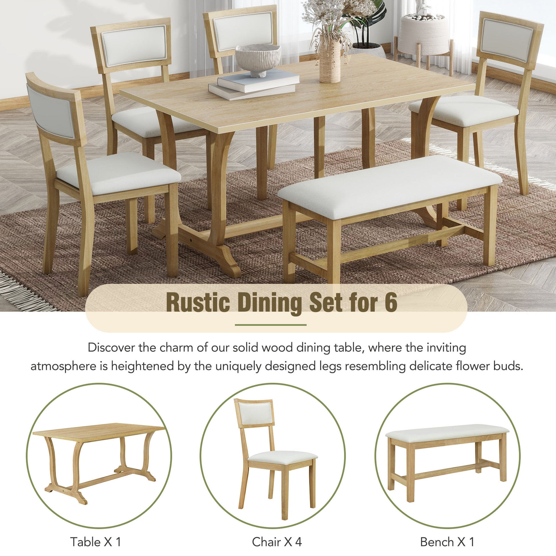 Farmhouse 6 Piece Trestle Dining Table Set With Upholstered Dining Chairs And Bench, 59Inch, Brown Brown Wood Dining Room Solid Wood Rubberwood Rectangular Dining Table With Chair And Bench Upholstered Chair Wood Brown Beige Seats 6 Farmhouse Trestle