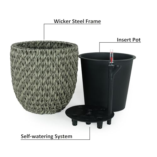 14.6" Self Watering Wicker Planter Garden Decoration Pot Gray Round Gray Rattan Metal