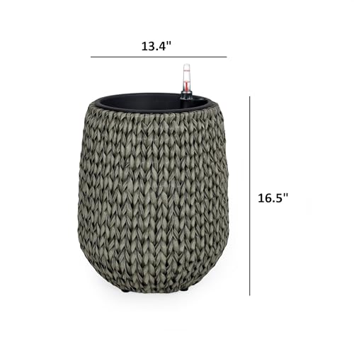 13.4" Self Watering Wicker Planter Garden Decoration Pot Gray Round Gray Rattan Metal