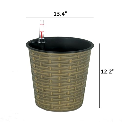 13.4" Self Watering Wicker Decor Planter For Indoor And Outdoor Round Natural Natural Plastic Rattan