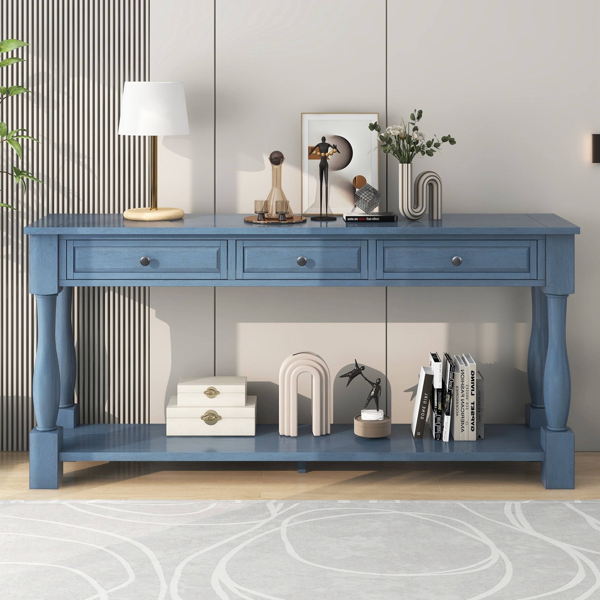 Console Table 63" Long Console Table With Drawers And Shelf For Entryway, Hallway, Living Room Navy, Old Sku: Wf299371Aam Navy Solid Wood