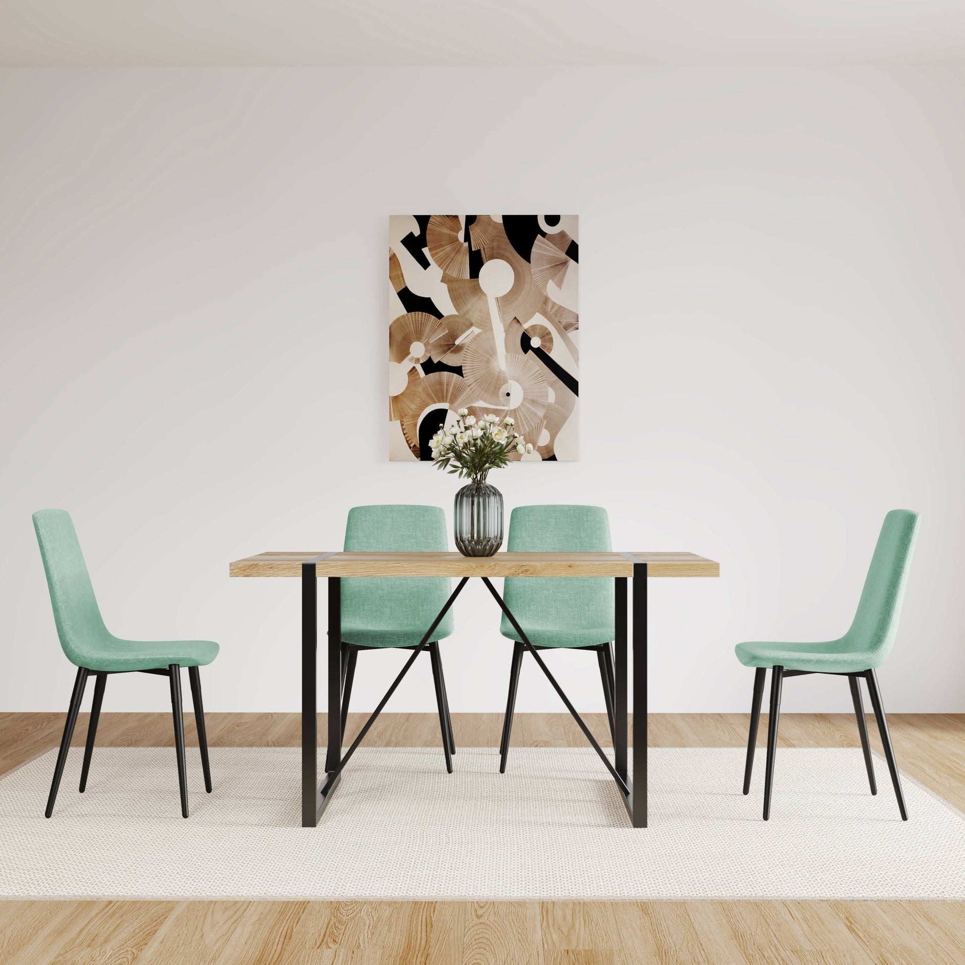 Mdf Wood Colour Dining Table And Modern Dining Chairs Set Of 4, Mid Century Wooden Kitchen Table Set, Metal Base & Legs, Dining Room Table And Linen Chairs Natural Wood Kitchen Mid Century Modern Mdf