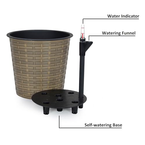 13.4" Self Watering Wicker Decor Planter For Indoor And Outdoor Round Natural Natural Plastic Rattan