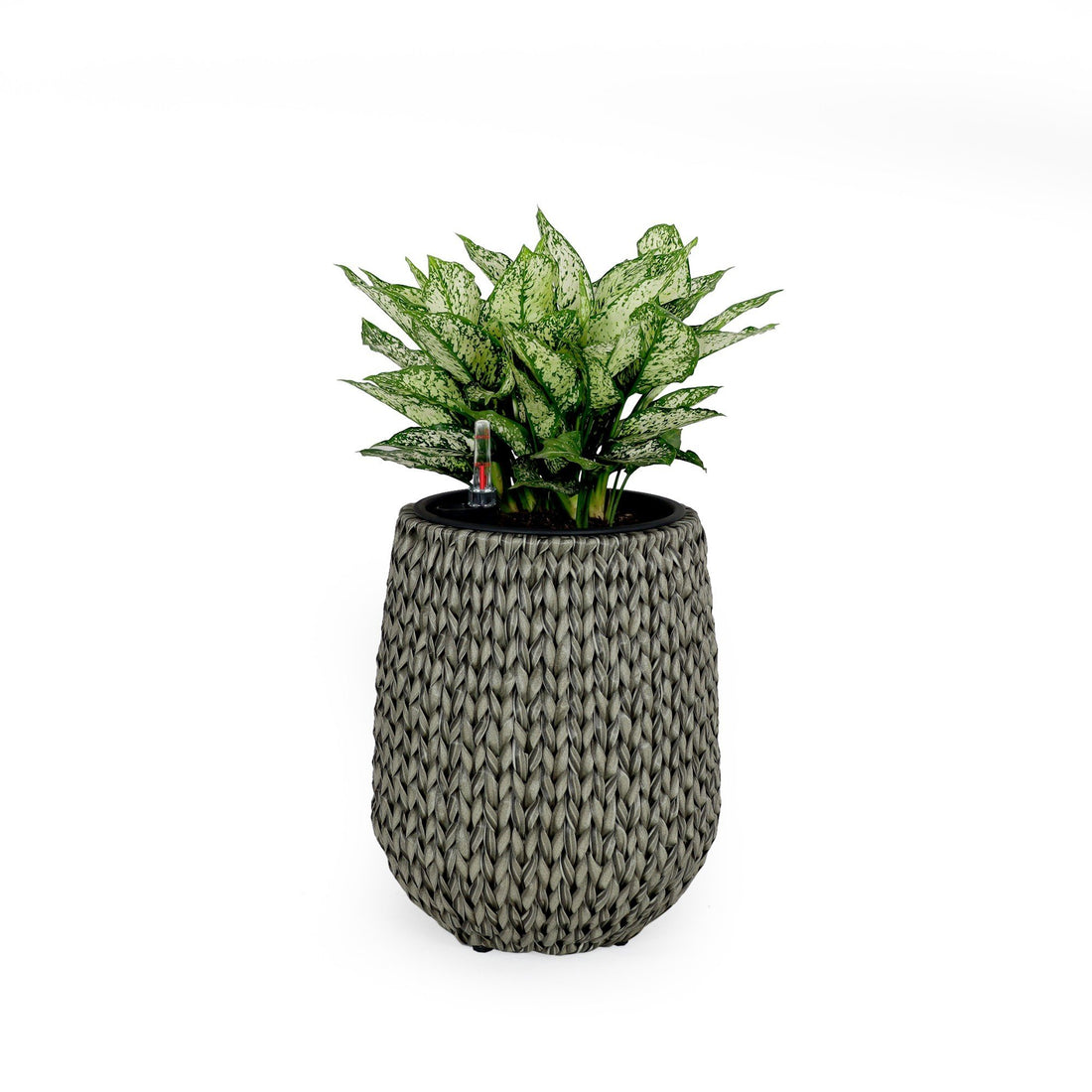 13.4" Self Watering Wicker Planter Garden Decoration Pot Gray Round Gray Rattan Metal