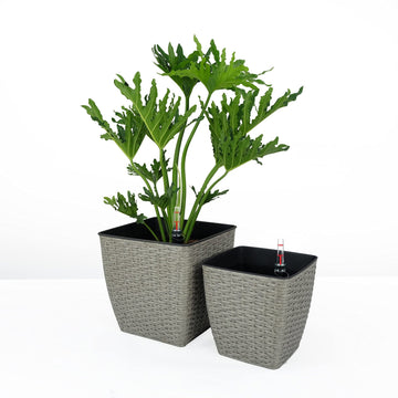 2 Pack Self Watering Planter Hand Woven Wicker Thin Square Gray Plastic Rattan